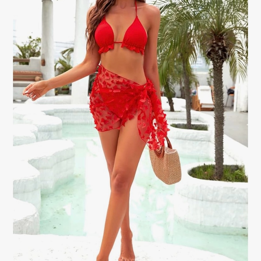 Bloom Red Bikini Set with Triangle Top and Sarong SMALL NEW WITH TAGS - 3 PC